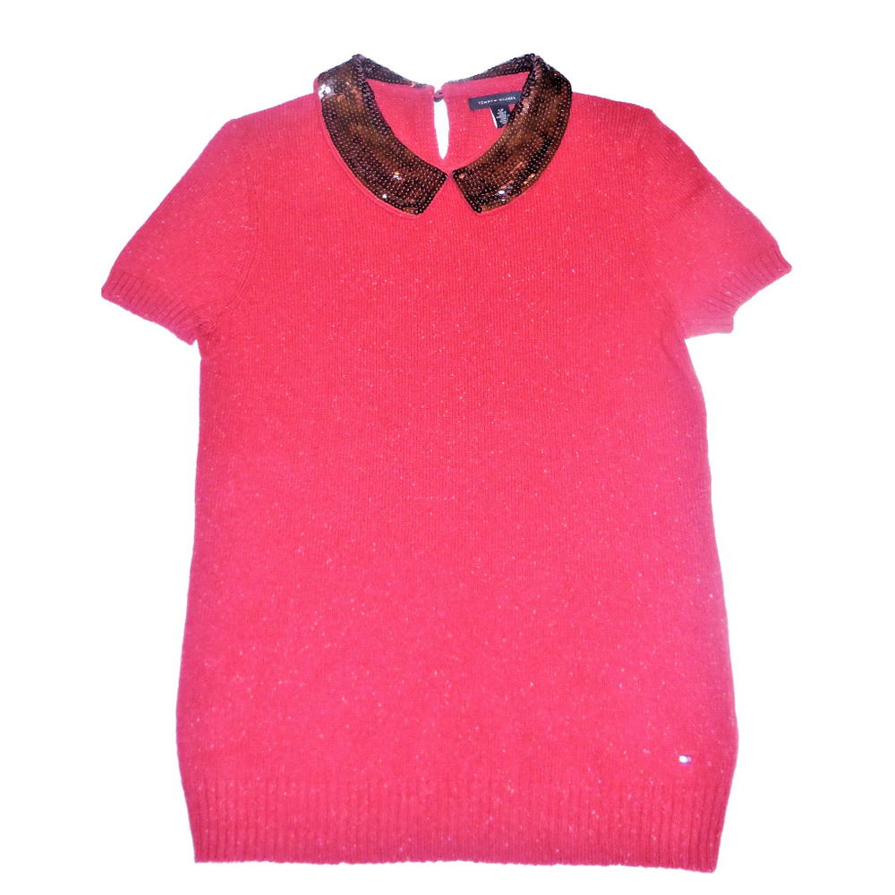 Tommy Hilfiger Sweater Small Petite Red Sequin short sleeve knit top